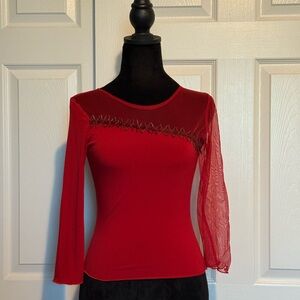 Chic Red Sheer Sleeve Women's Blouse with a cool embellishment